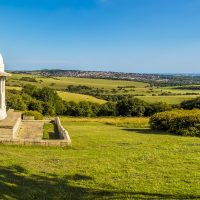 The panorama view of the Chattri monument and South Downs close to Brighton, Sussex, UK in summer