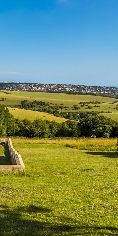 The panorama view of the Chattri monument and South Downs close to Brighton, Sussex, UK in summer