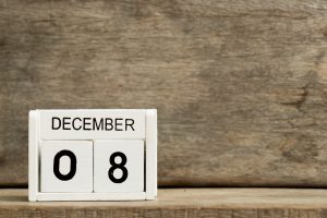 White block calendar present date 8 and month December on wood background