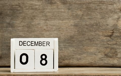 White block calendar present date 8 and month December on wood background